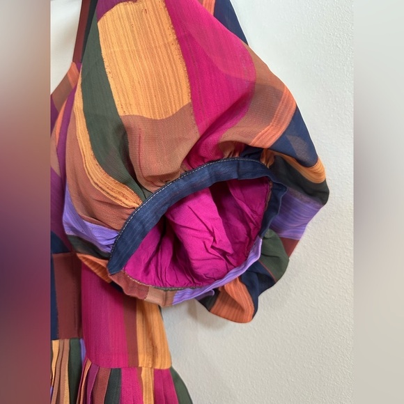 Farm Rio Painted Stripes Blouson-Sleeve Pleated Dress - Size Large - Picture 8 of 16